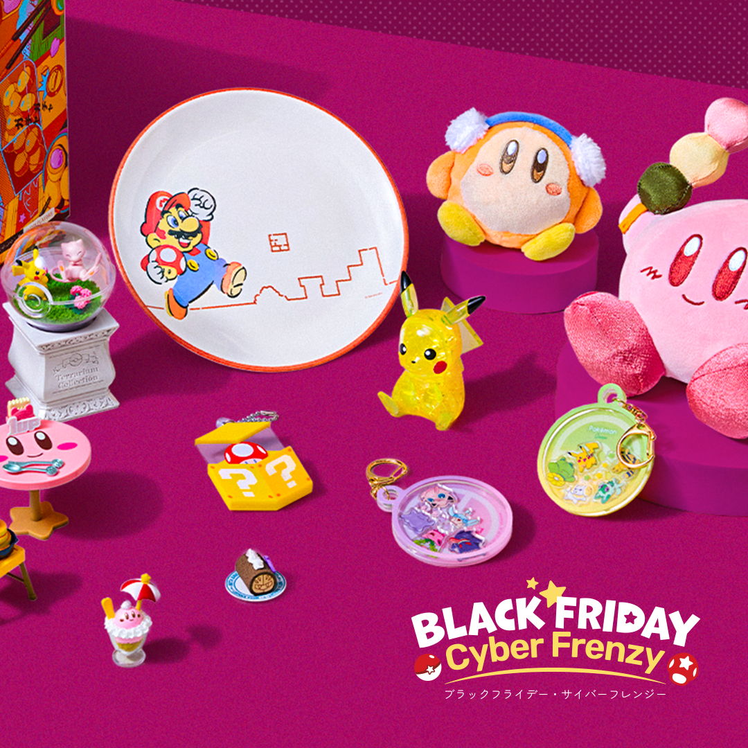 Assorted Nintendo character merch on pink background