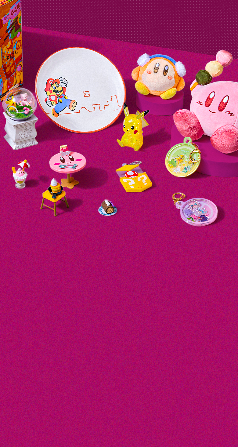 Assorted Nintendo merch on a fuchsia pink background
