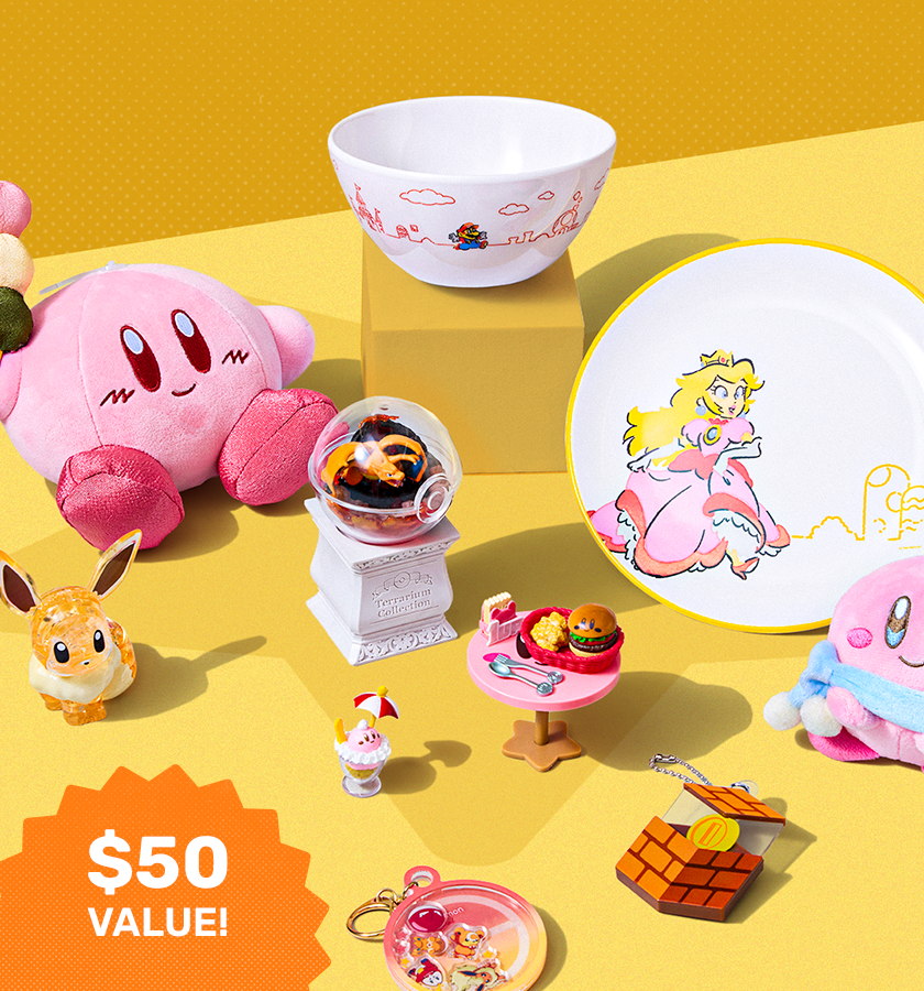 Assorted Nintendo merch on a bright yellow background