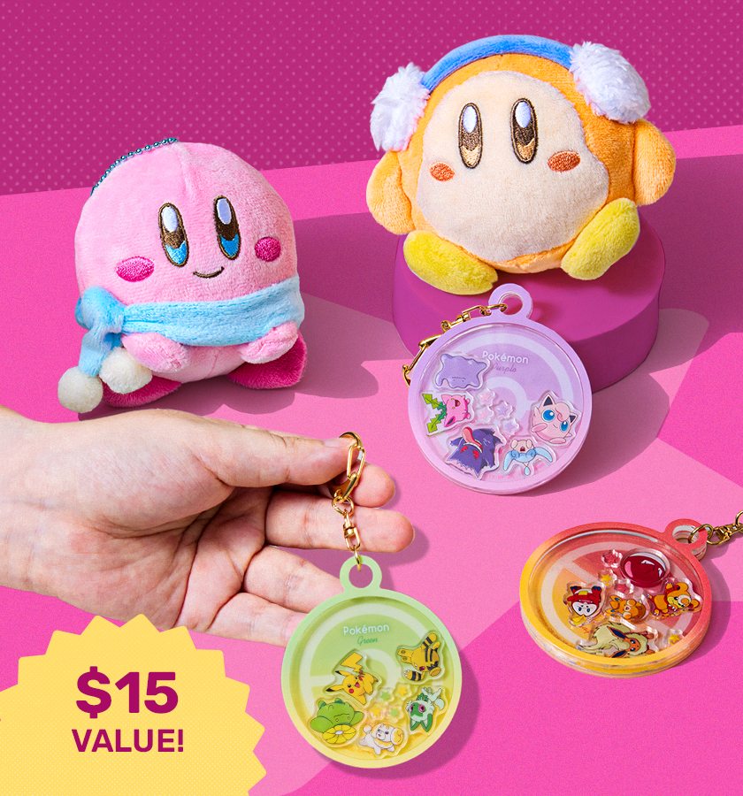 Kirby and Pokémon keychains on pink background