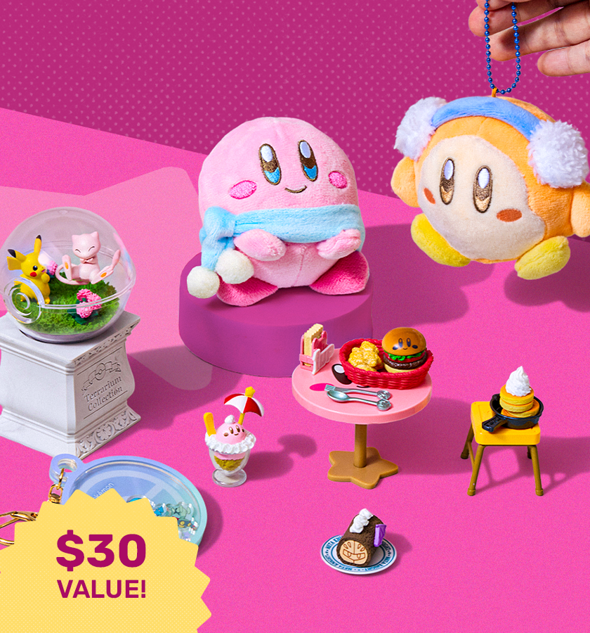 Kirby and Pokémon merch on pink background