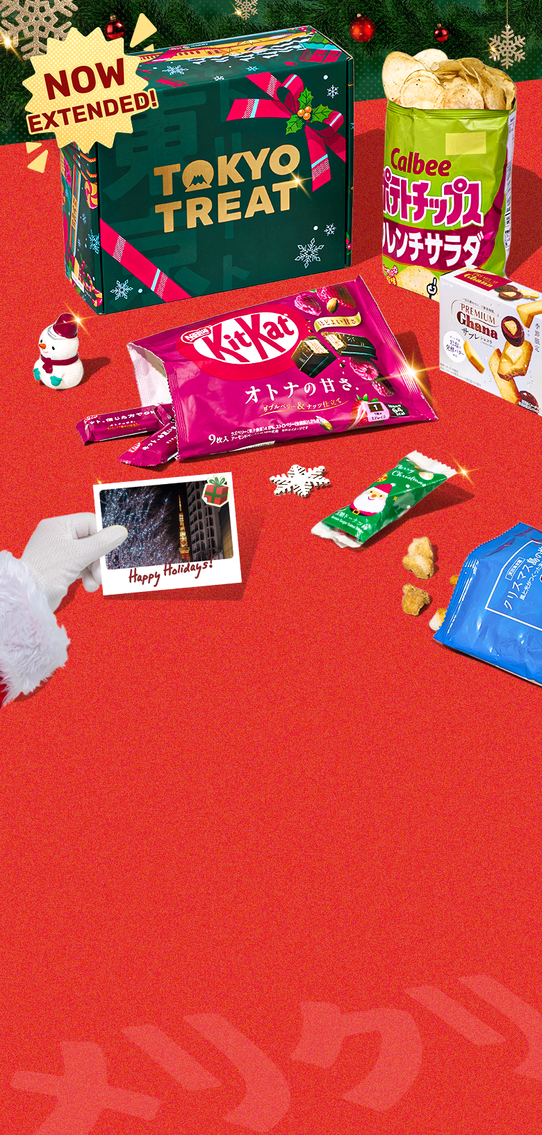 Green TokyoTreat box with holiday-themed treats around it on red background