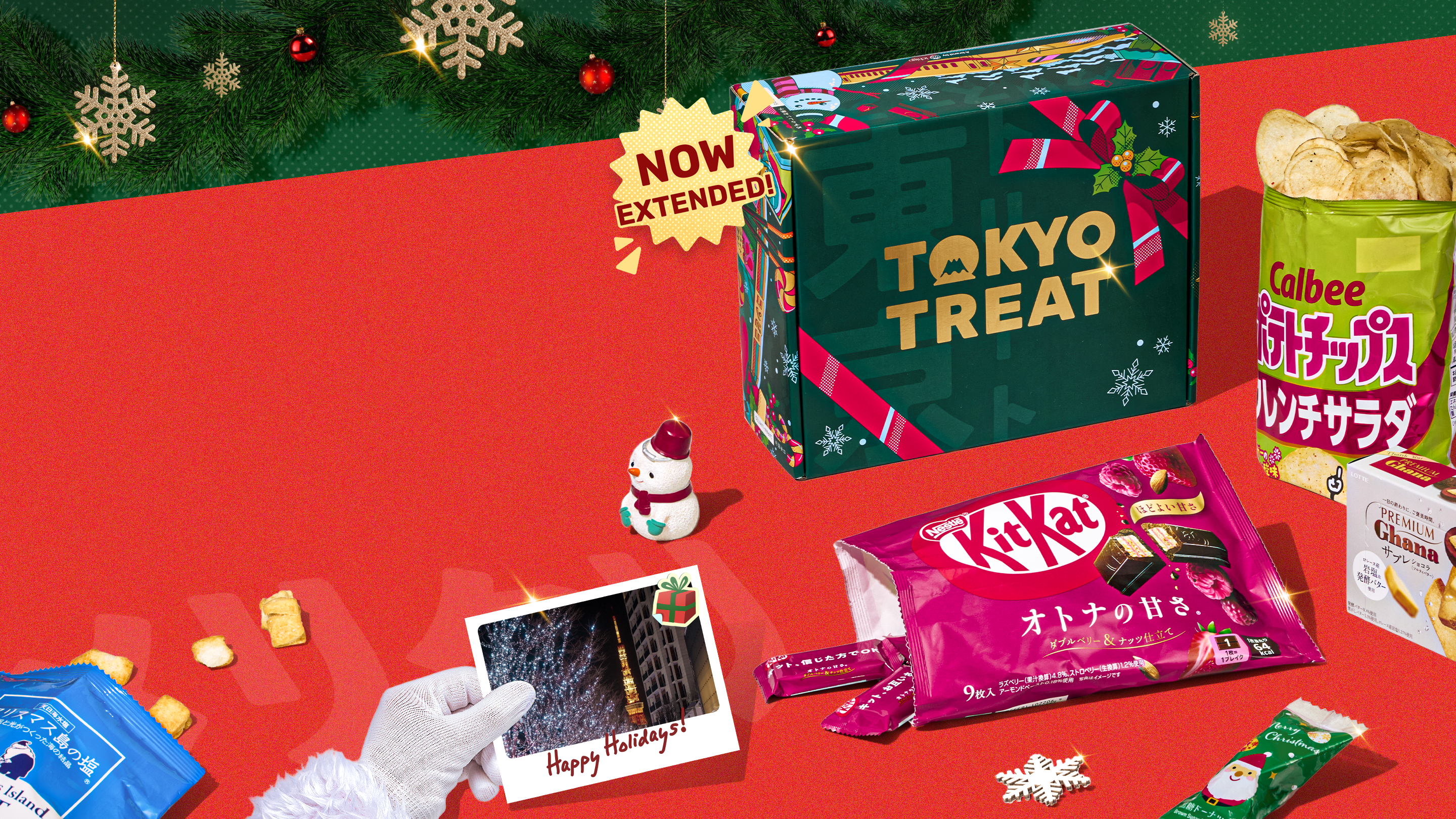 Green TokyoTreat box with holiday-themed treats around it on red background