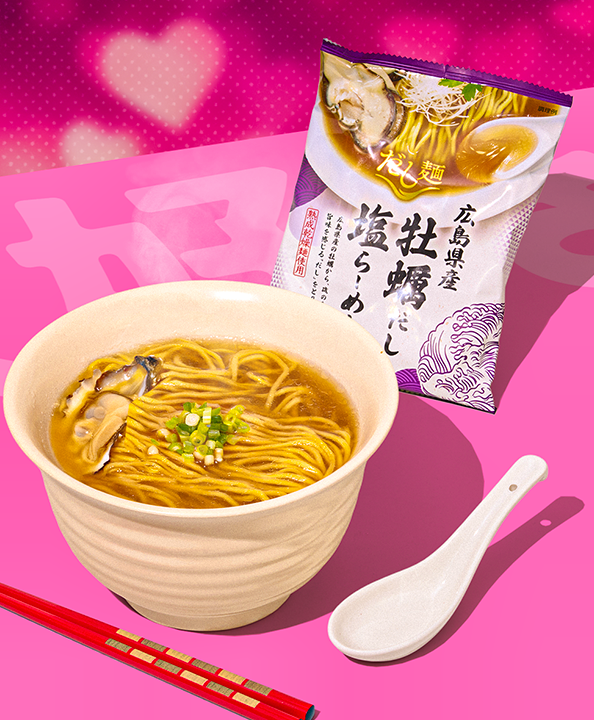 Hiroshima Oyster Salt Ramen on pink background with hearts above