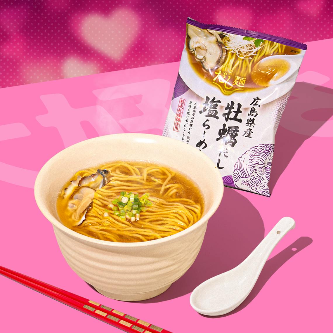 Hiroshima Oyster Salt Ramen on pink background with hearts above it