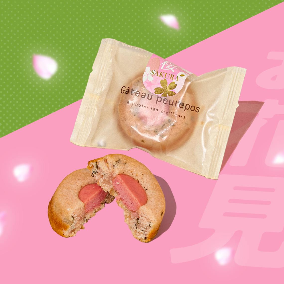 Package of sakura blossom cake on pink background with cherry blossom petals falling