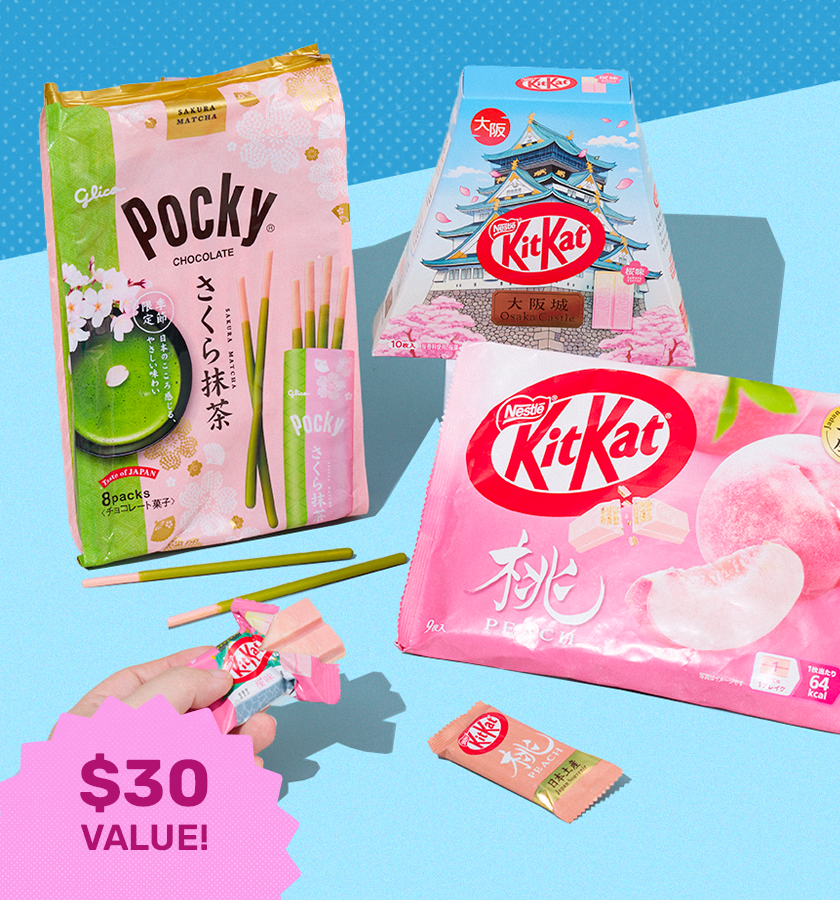 Assorted sakura snacks on blue background