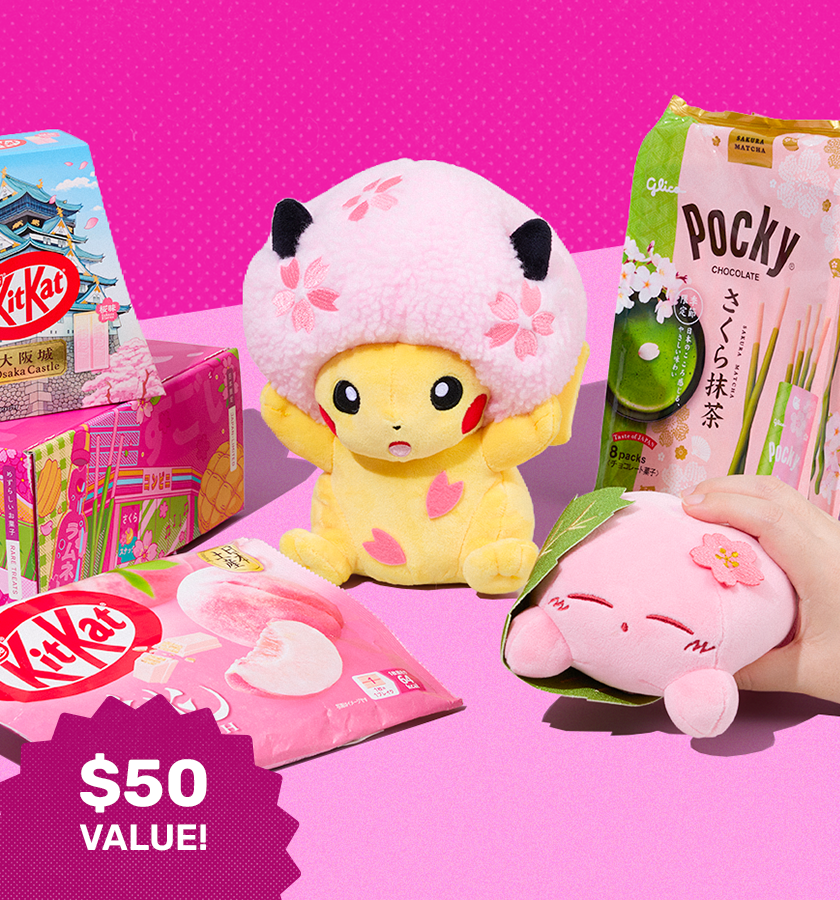Sakura snacks and Pokémon & Kirby sakura plushie on pink background