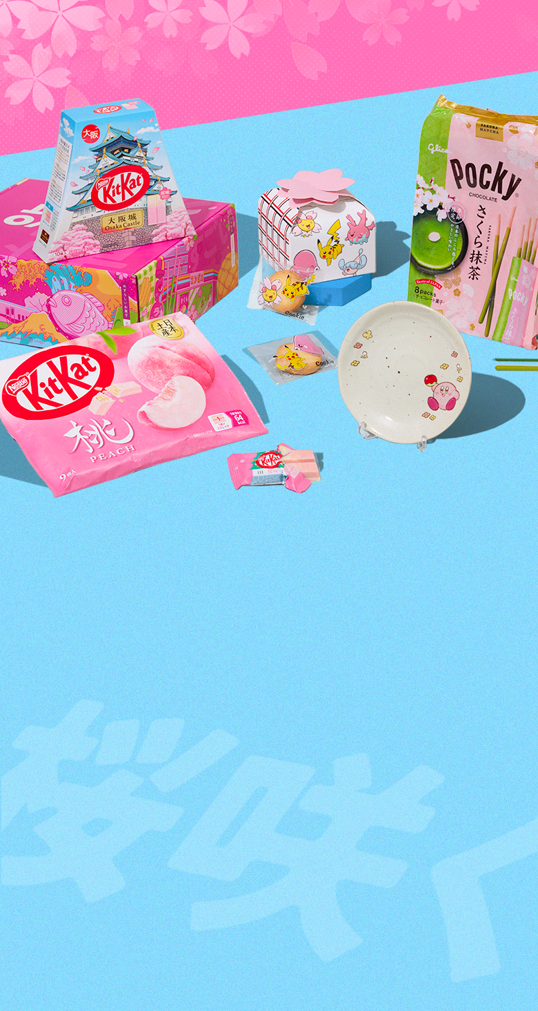 Sakura snacks and Kirby plate on blue background