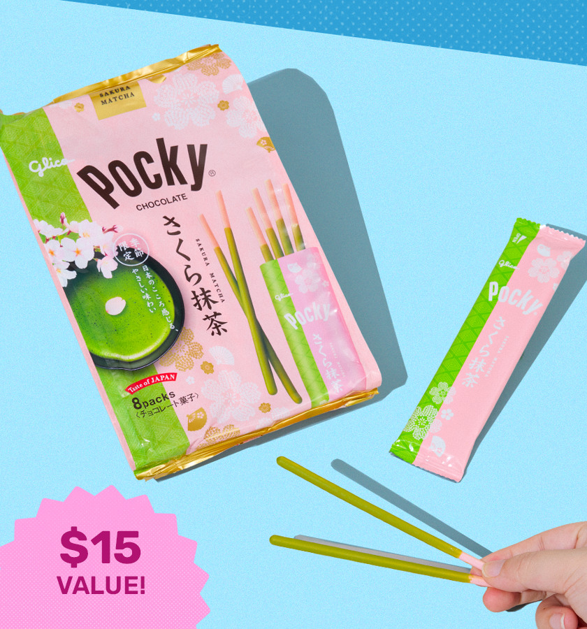 Sakura matcha pocky on blue background