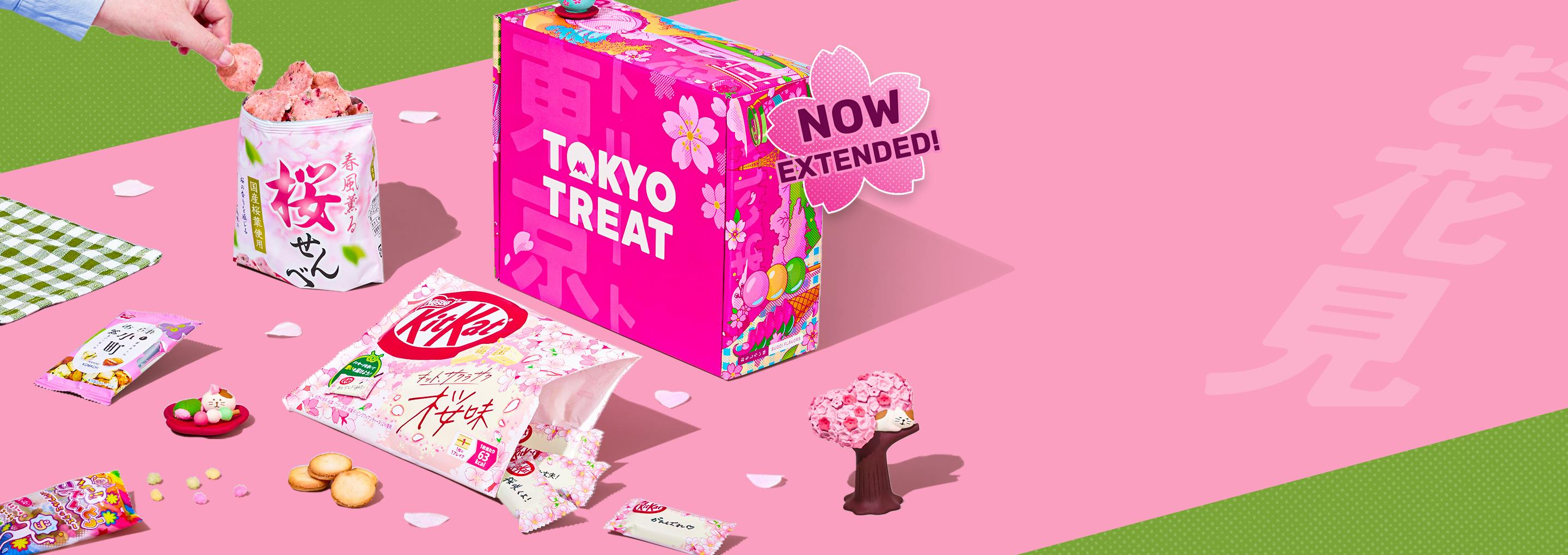 Pink TokyoTreat box with sakura-themed snacks on pink background