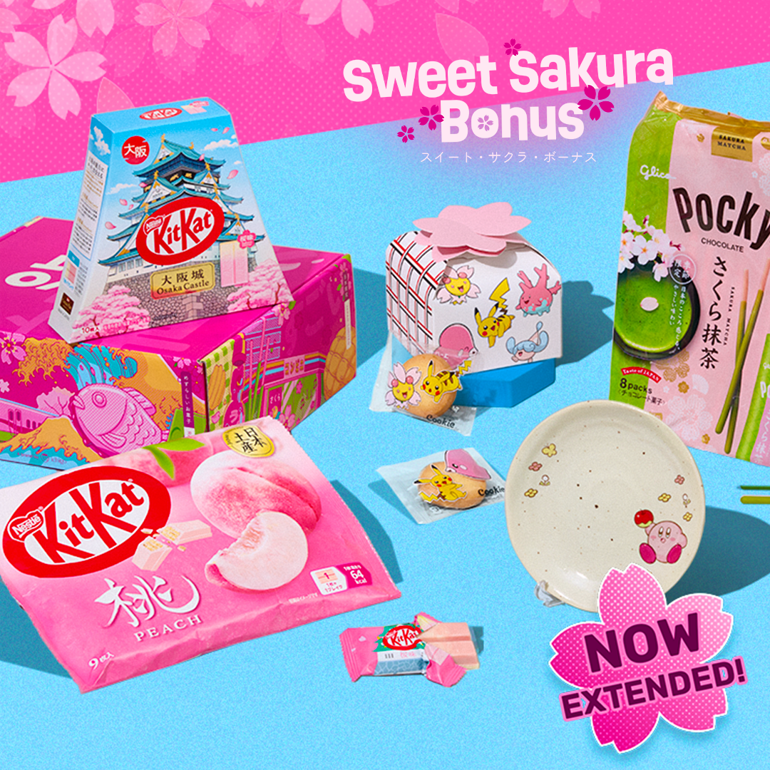 Sakura snacks and Kirby plate on blue background