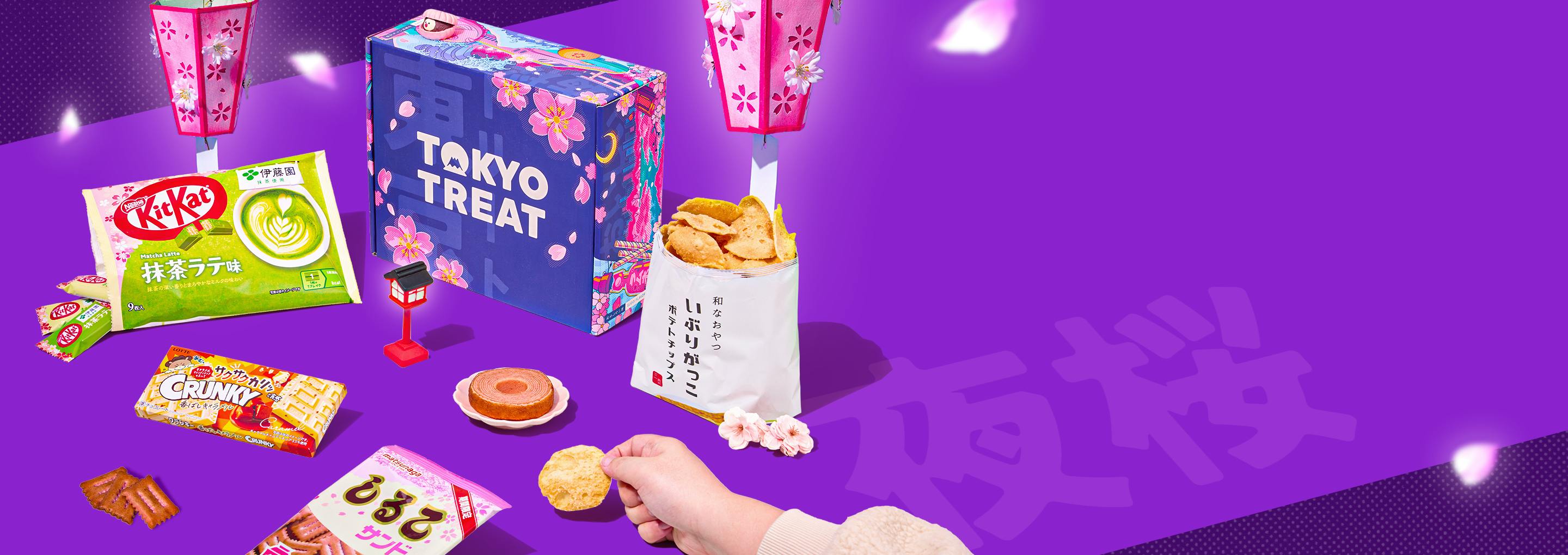 Purple TokyoTreat box with sakura snacks around it and lanterns in the background
