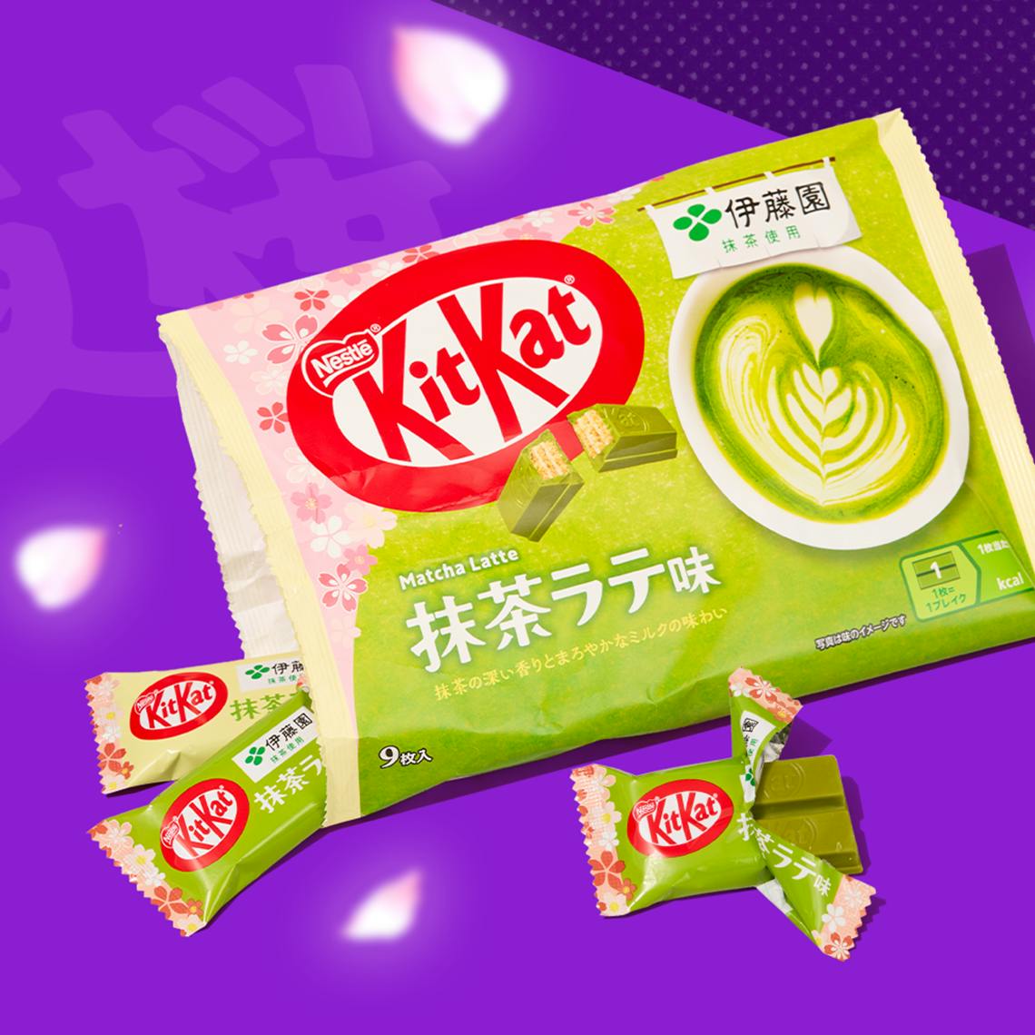 Matcha Latte KitKats on purple background