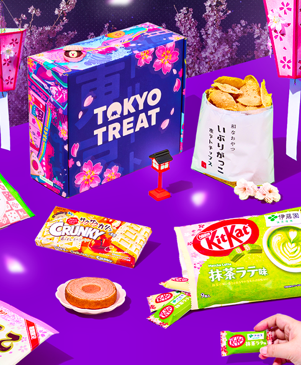 Purple TokyoTreat box with sakura snacks around it on purple background