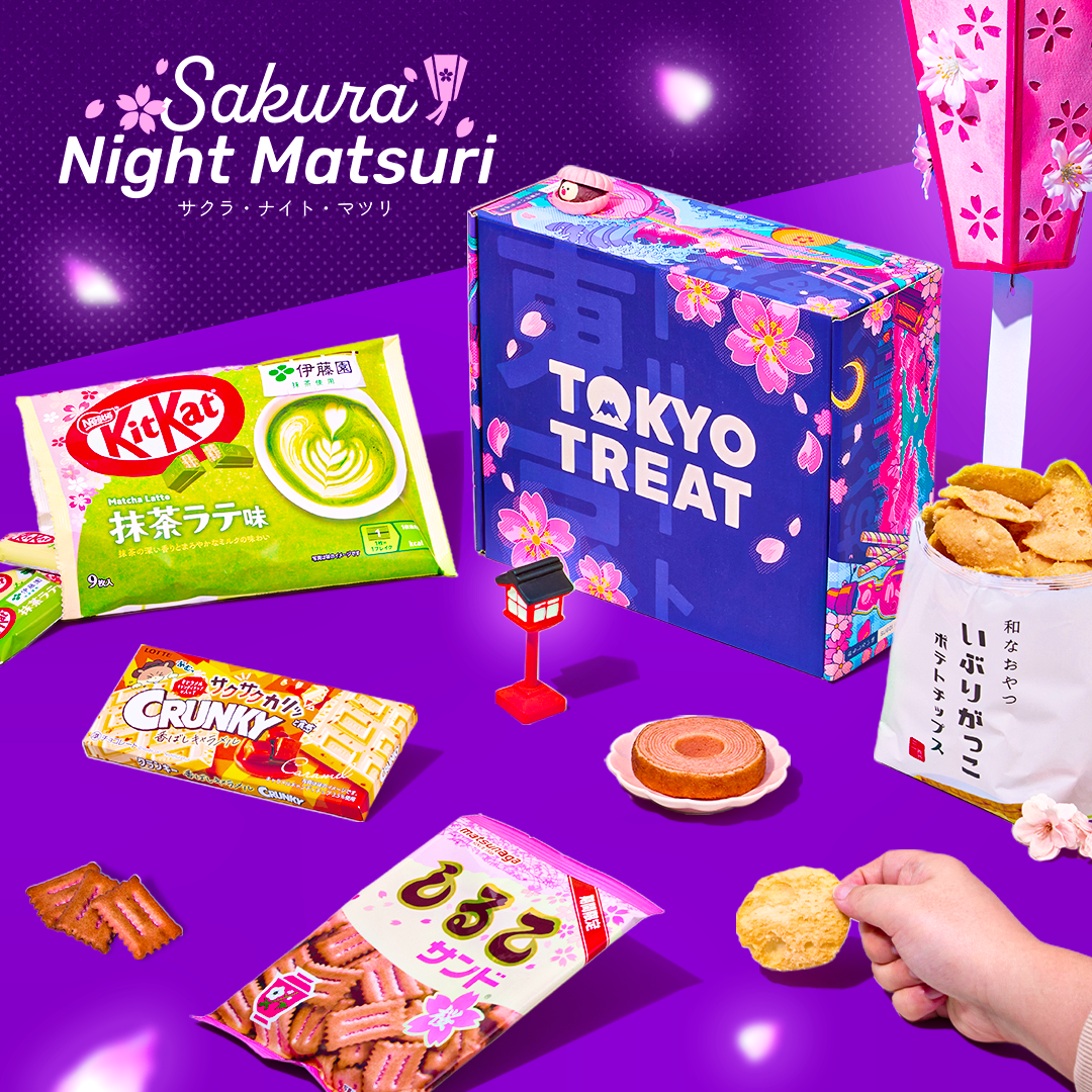 Purple TokyoTreat box with sakura snacks around it on purple background