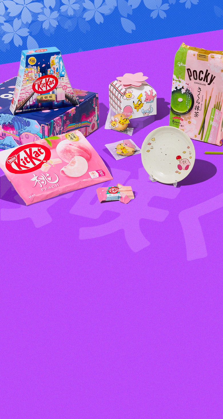 Sakura snacks and Kirby plate on purple background