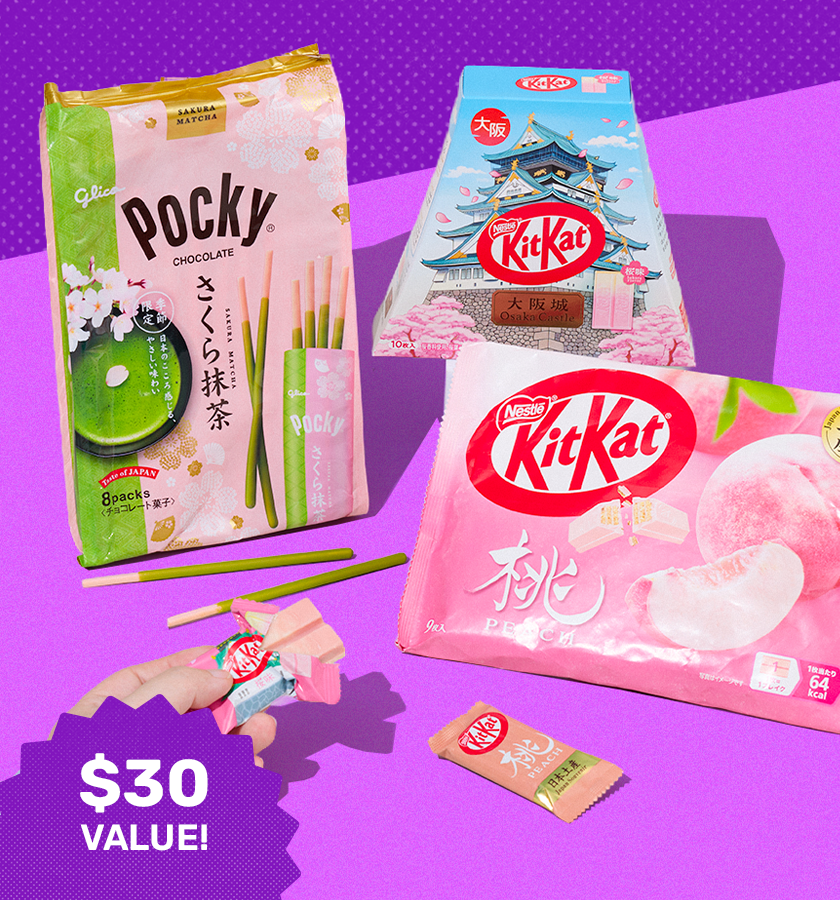 Assorted sakura snacks and Kirby plate on purple background