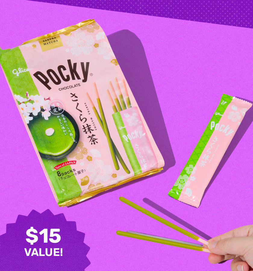Sakura Matcha Pocky on purple background