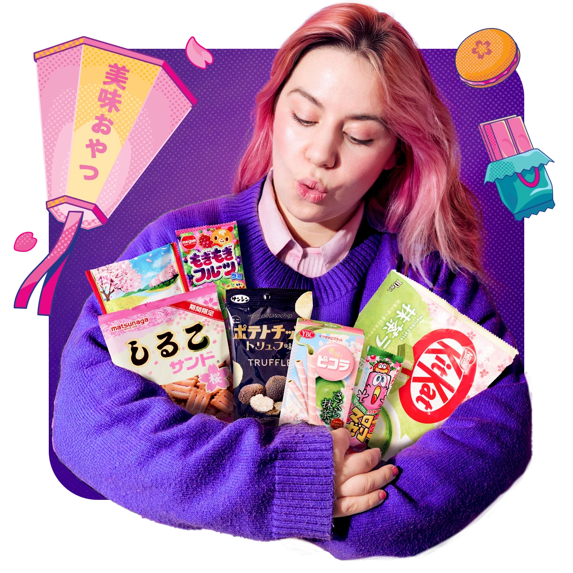 Girl with pink hair holding various Japanese sakura snacks in hand