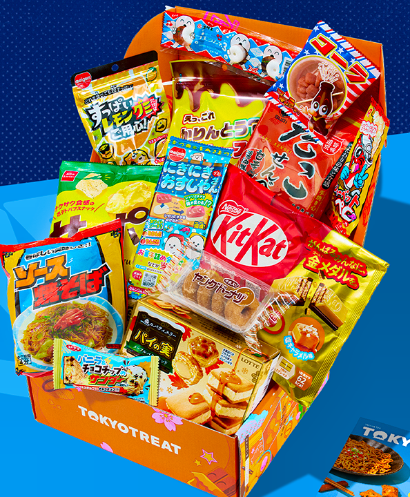 Open TokyoTreat box with Osaka-themed snacks on blue background