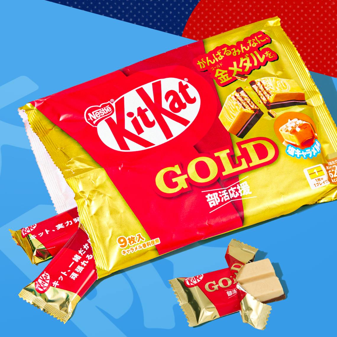 Salted Caramel KitKats on blue background