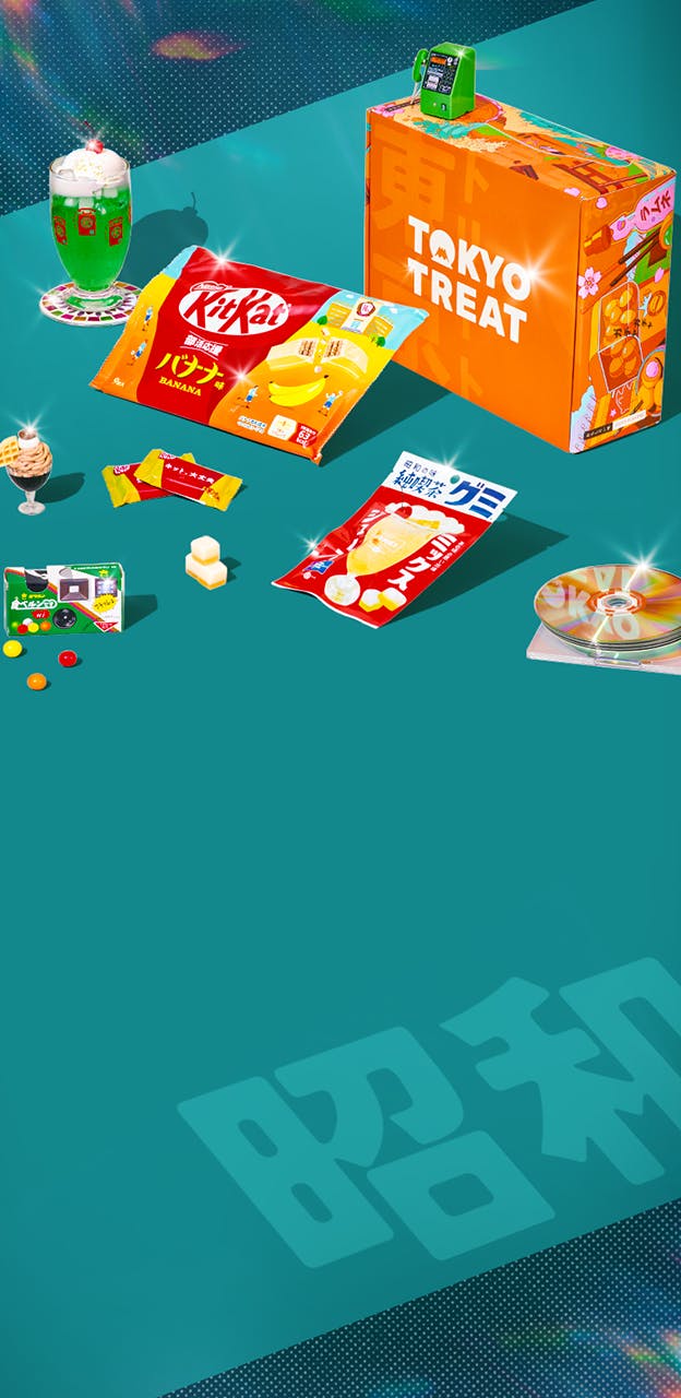 Orange TokyoTreat box with retro-themed snacks around it on teal background