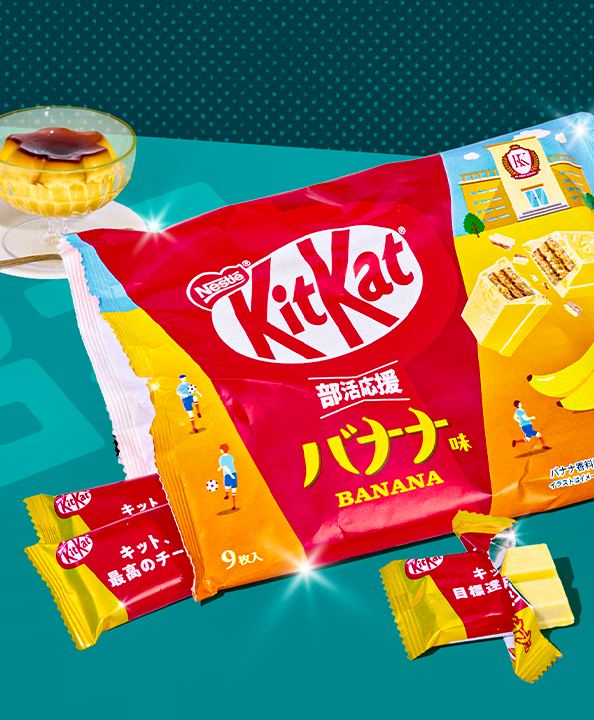 Banana KitKats with pudding in the back on teal background