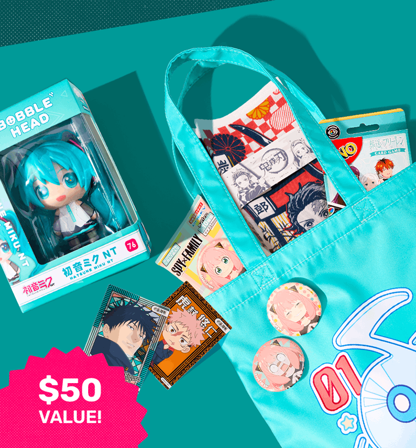 Assorted anime merch on teal background