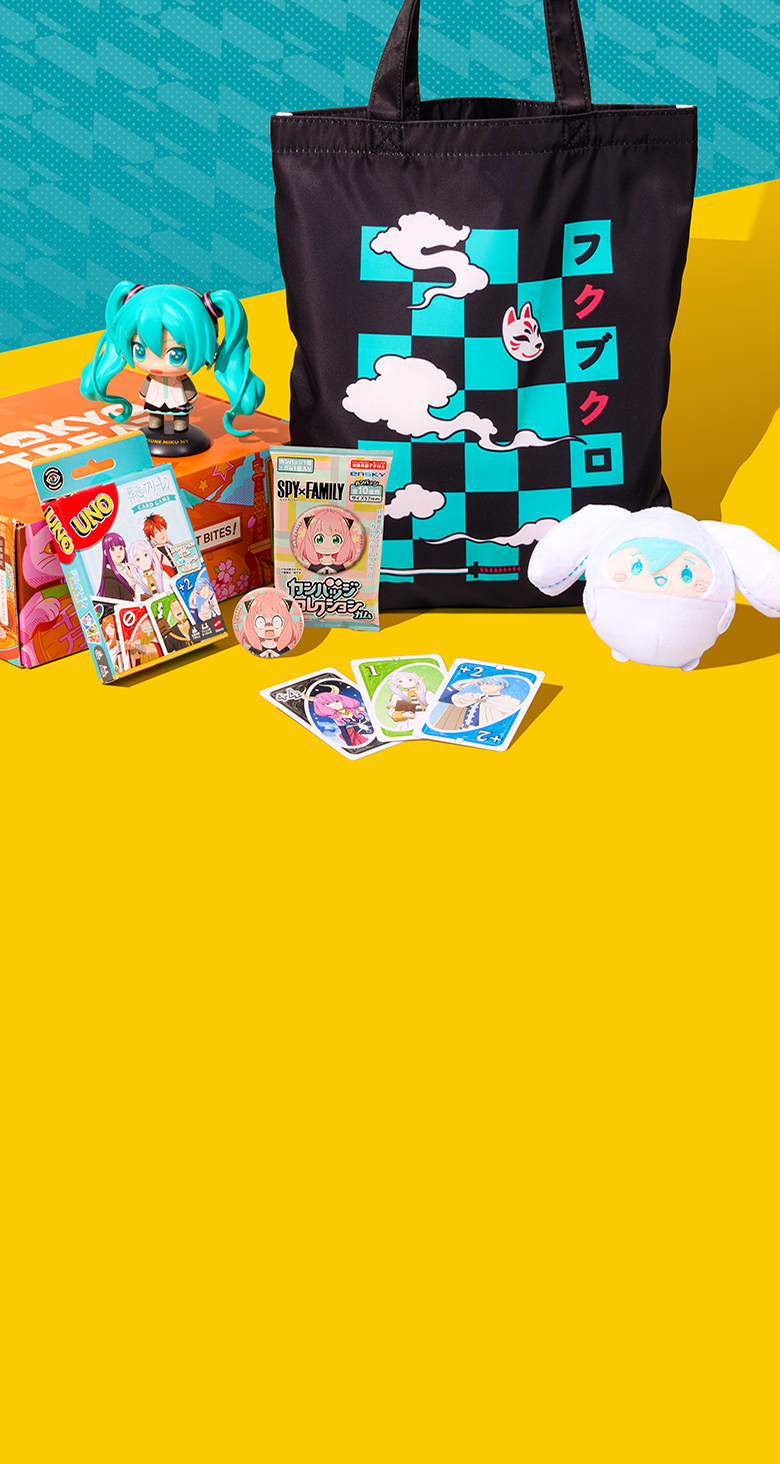 Assorted Japanese anime merch on yellow background with teal in the back