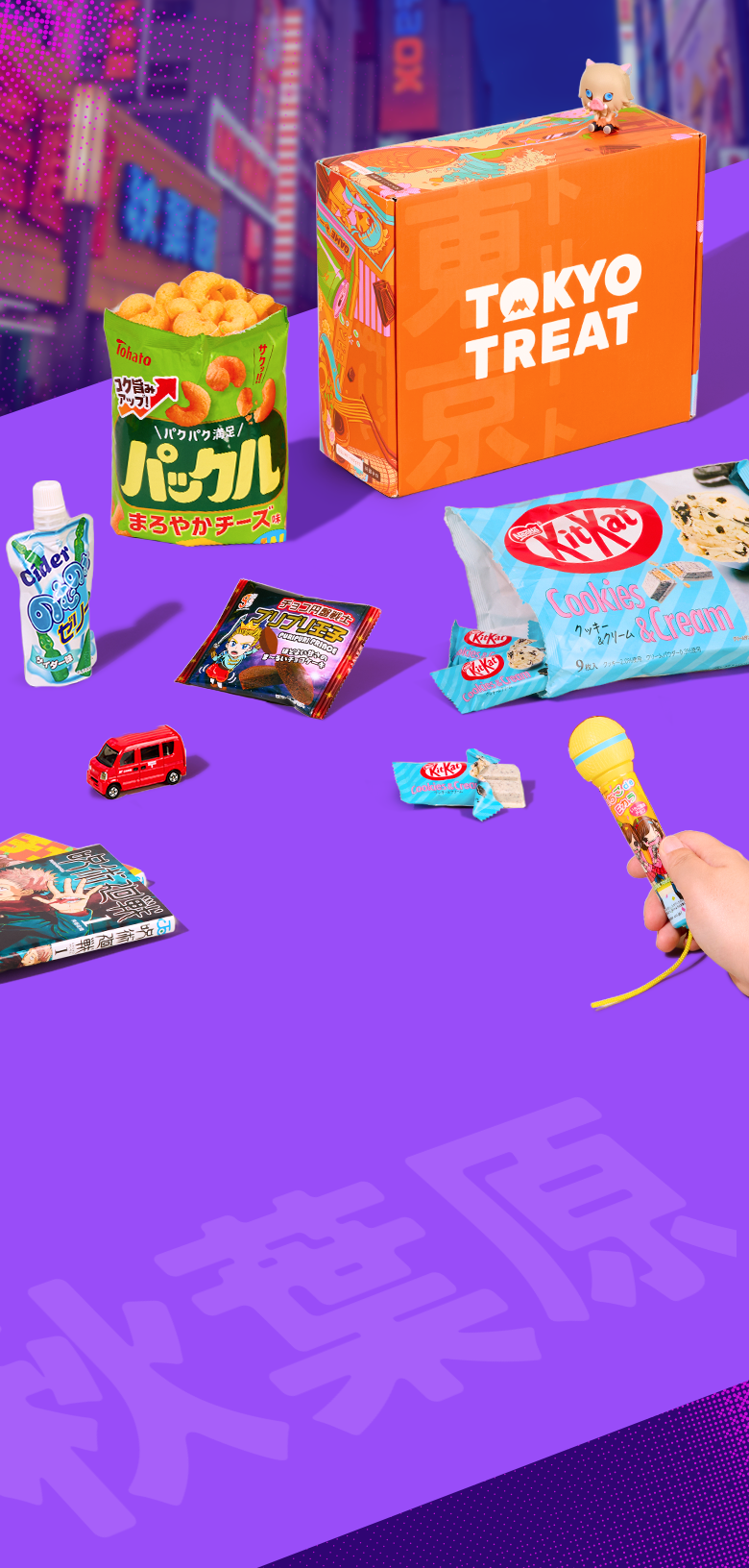 Orange TokyoTreat box with Akiba-themed snacks around it on purple background