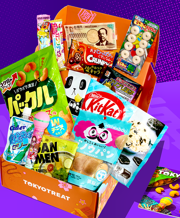 TokyoTreat box with Akiba-themed snacks on purple background