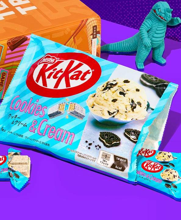 Cookies & Cream KitKats on purple background