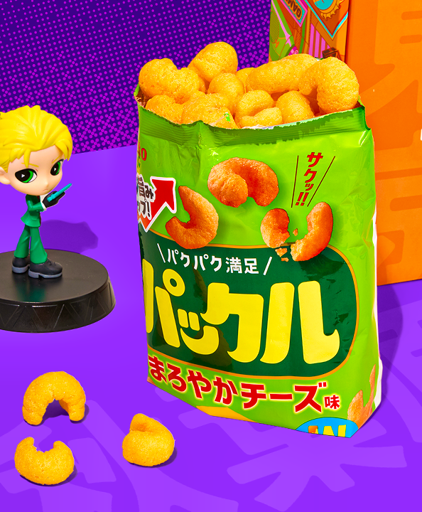 Cheese corn puffs on purple background with SpyXFamily Loid figure in the back