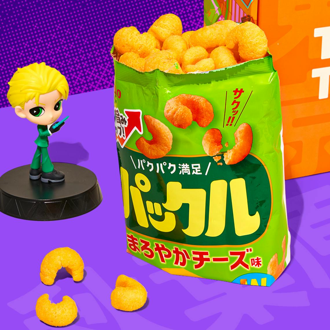 Cheese corn puffs on purple background with SpyXFamily Loid figure in the back