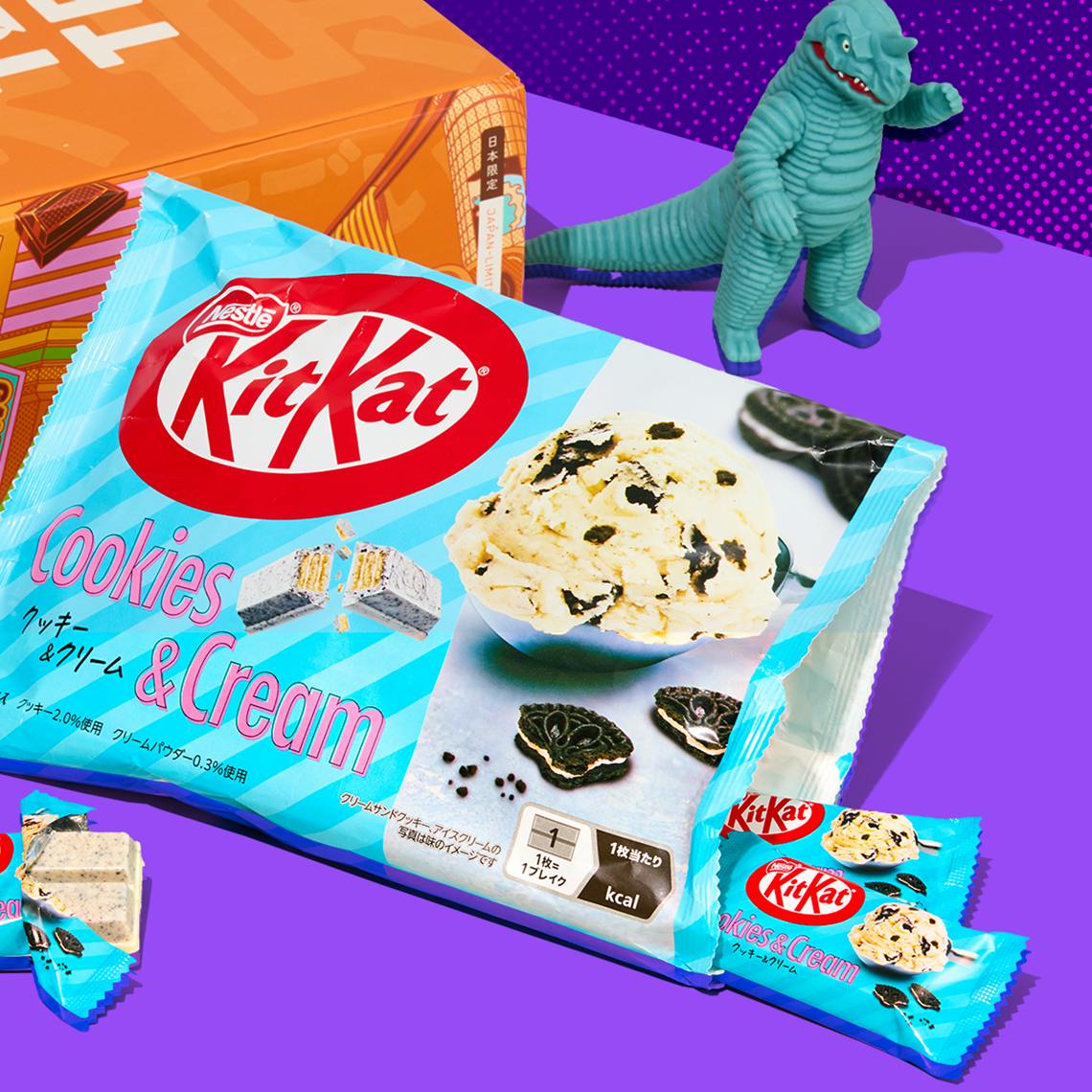 Cookies & Cream KitKats on purple background