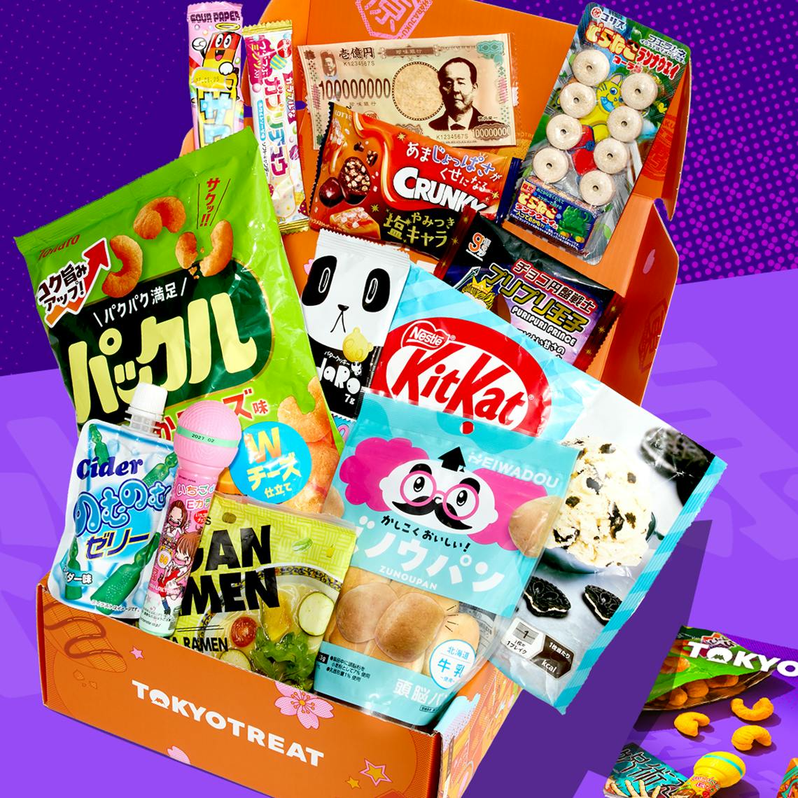TokyoTreat box with Akihabara-themed snacks on purple background