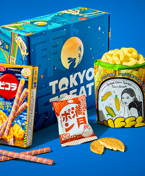 4 different Japanese snacks on a blue background