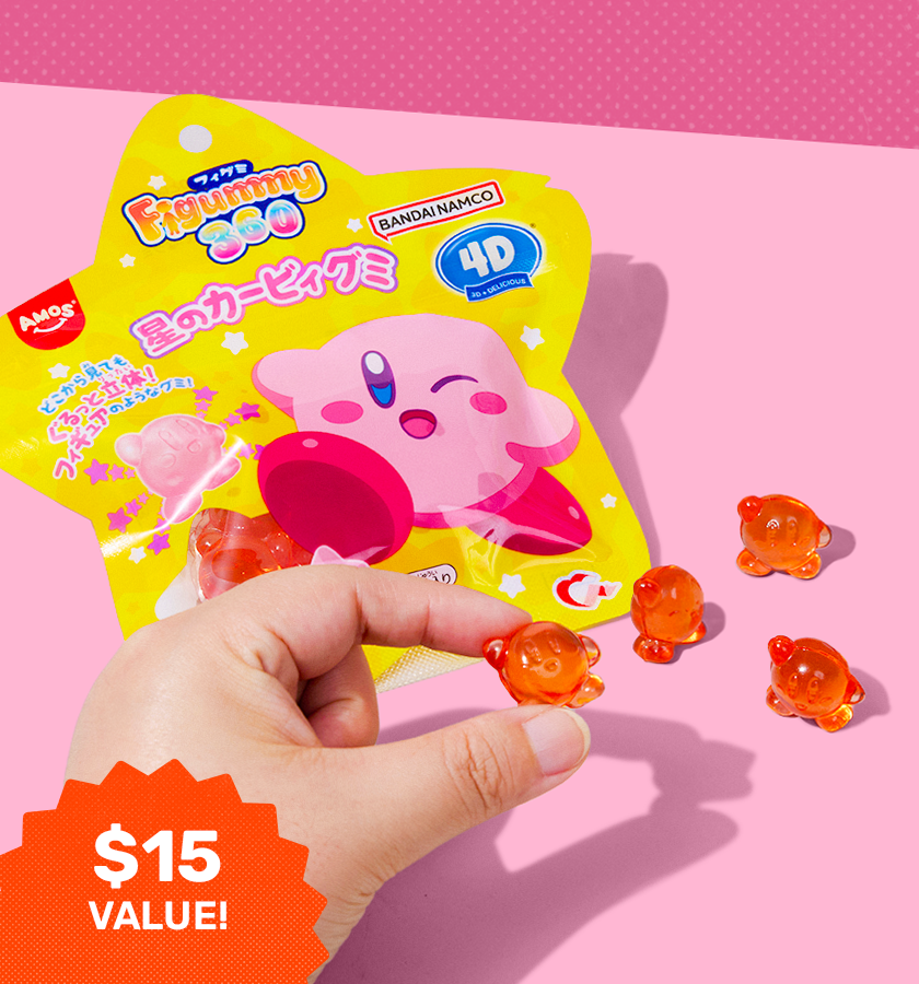 A pack of Kirby 4D gummies in a pink background