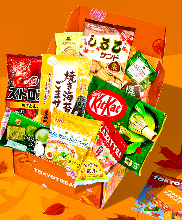 A box of Japanese snacks inside an orange box against an orange background