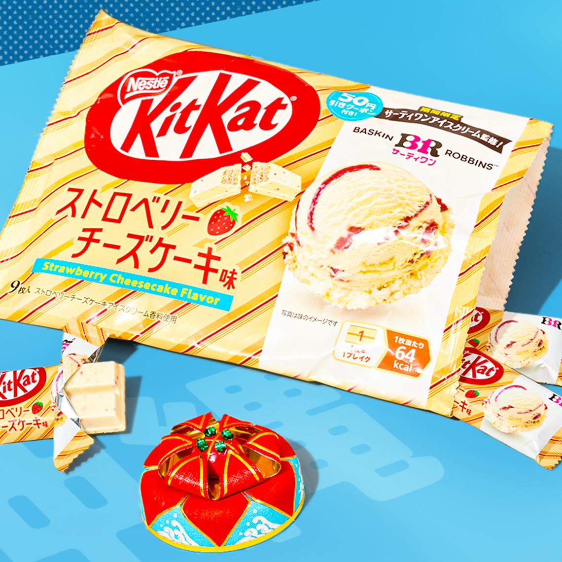 A pack of Strawberry cheesecake kitkat in a blue background