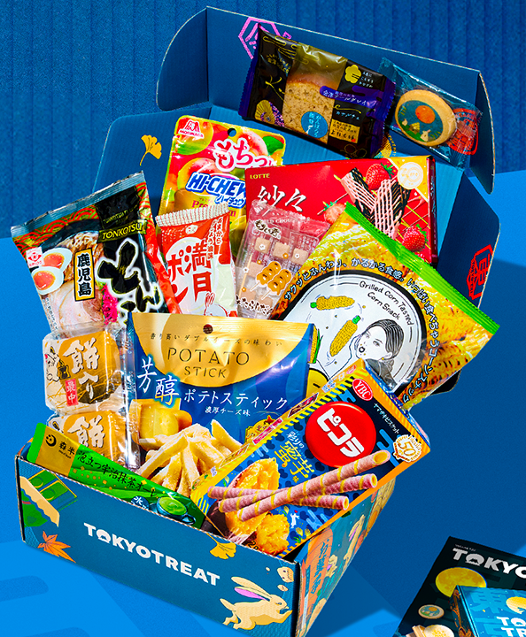 A box of Japanese snacks on a blue background