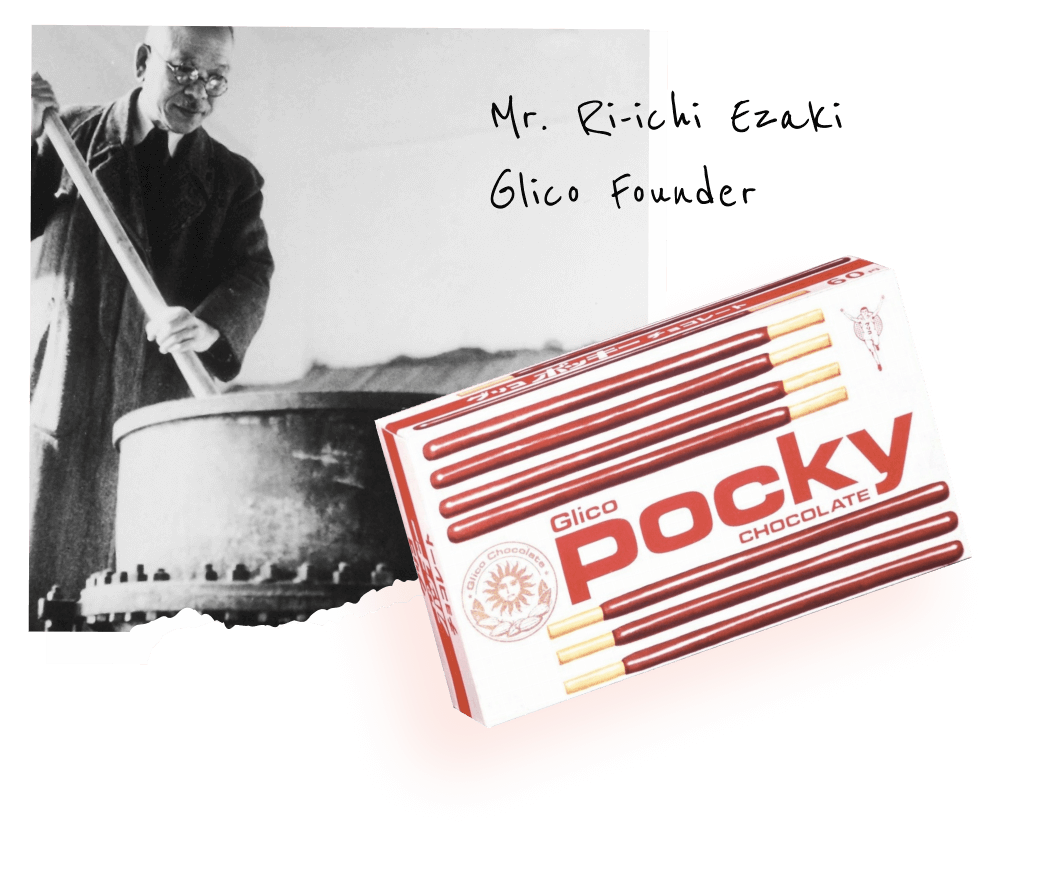 Black & White picture of the Pocky founder and a box of Pocky