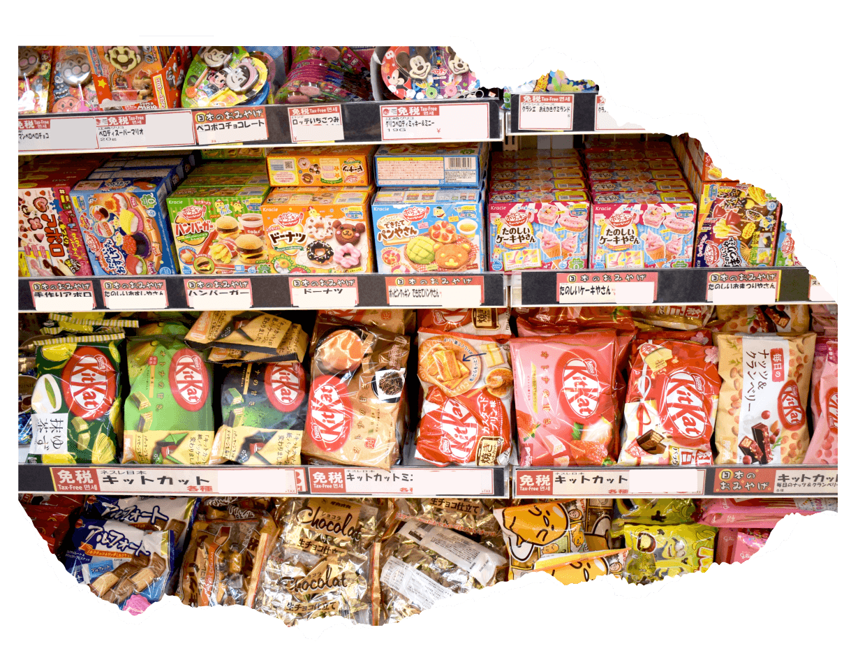 Rows of Japanese snacks at a store