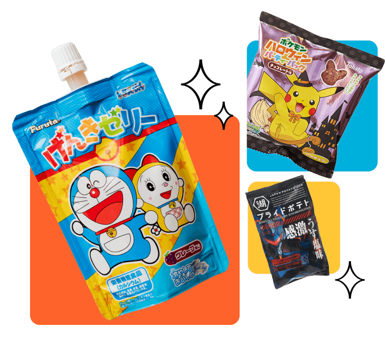 Lots of anime snacks - Doraemon Jelly, Pokemon Halloween, Evangelion potato chips