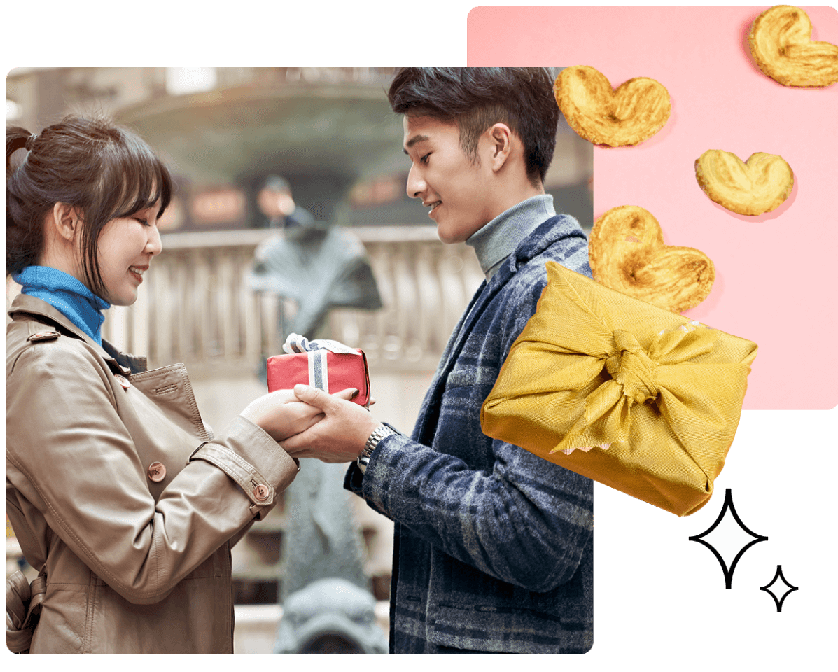 Young couple gifting Japanese cookies